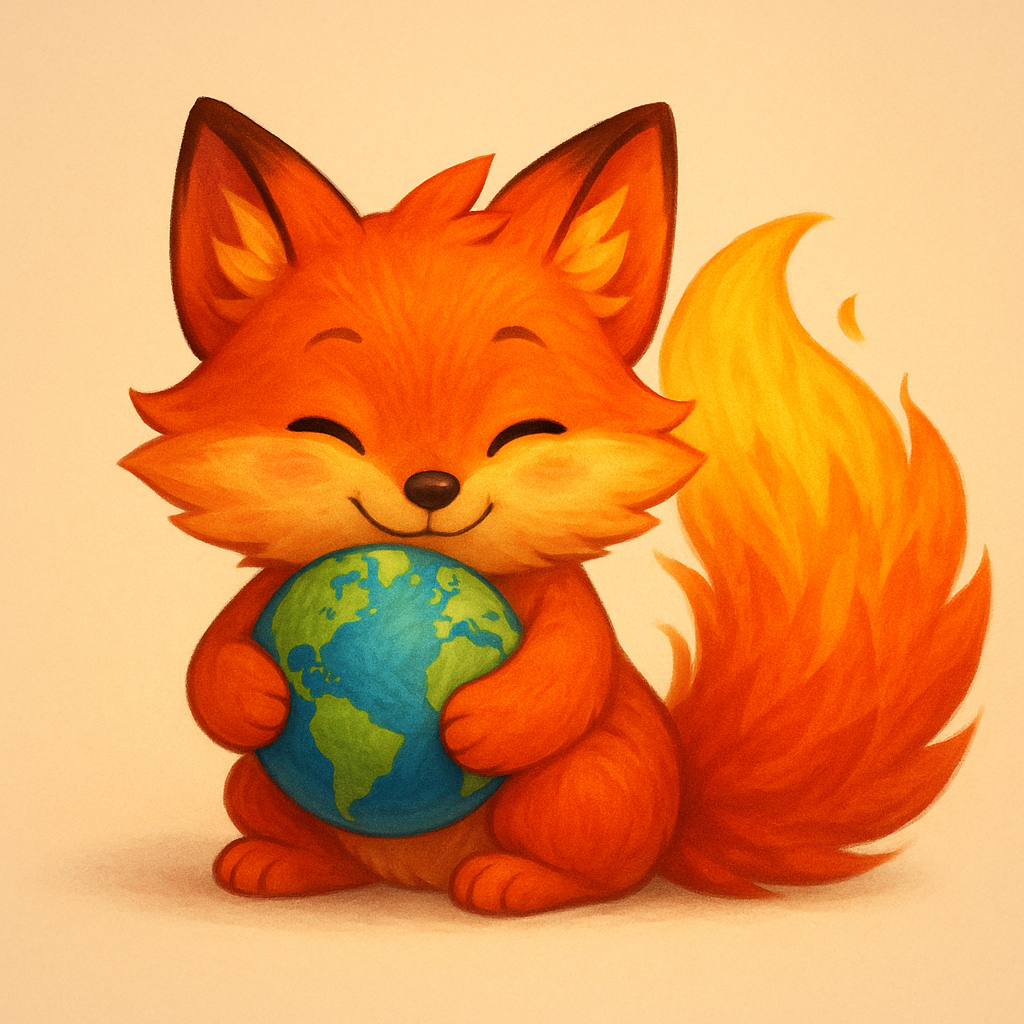 目を閉じて地球を抱えるかわいいFirefoxキツネのイラスト
