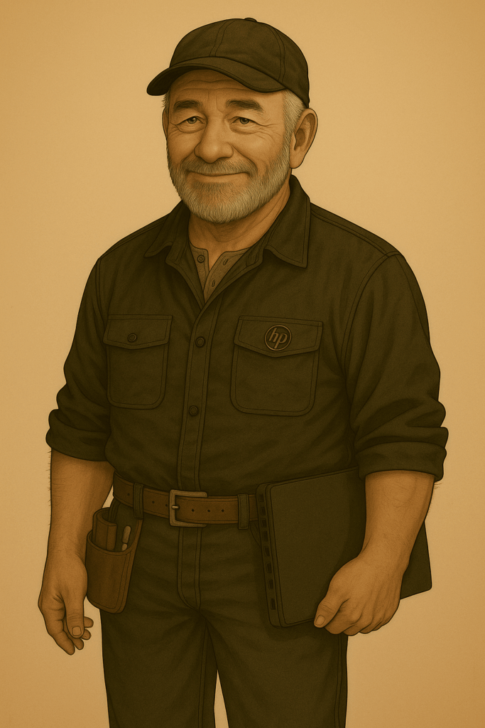 作業服姿の中年男性がHPロゴ入りのシャツを着て立っている。片手にノートPCを持ち、ベルトには工具ポーチを装着している。