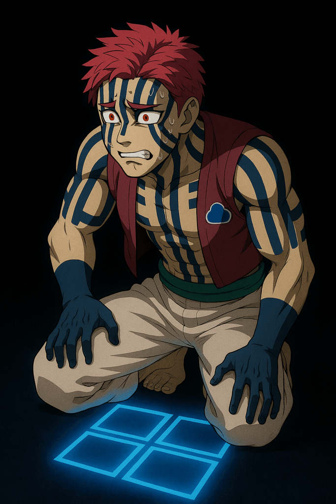 赤髪で全身に青い縞模様の入れ墨を持つキャラクターが、膝をついた姿勢で冷や汗をかいて動揺している。