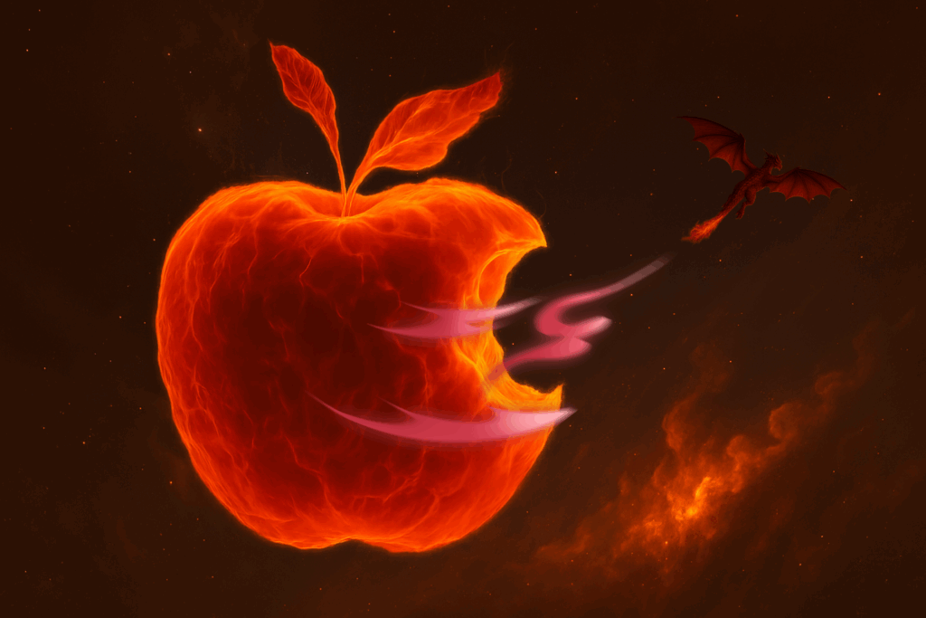 一口食べられた炎のリンゴとドラゴンのシルエット