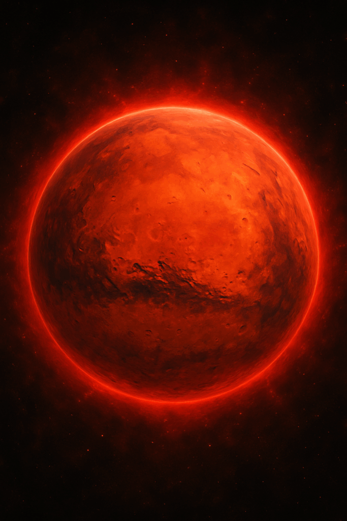赤いオーラをまとった火星。惑星の表面のクレーターや谷が鮮明に見え、周囲には強い赤い光が輝いている。