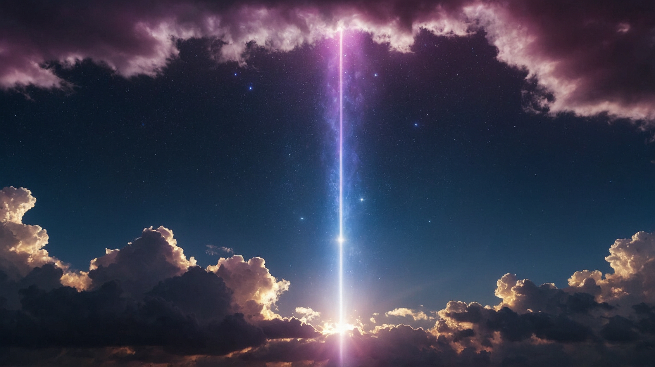 夜空に輝く一筋の光の柱と星空、周囲に浮かぶ幻想的な雲