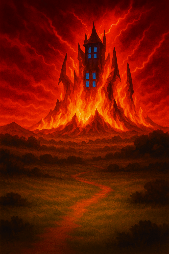 炎に包まれる竜王城の終末的な光景