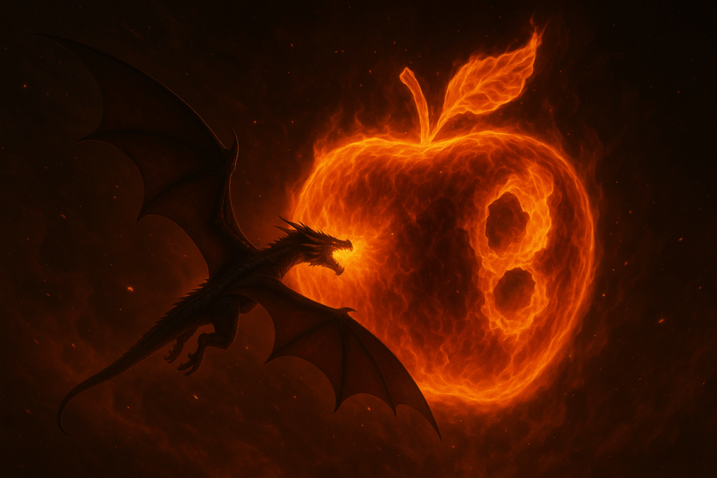 二箇所の穴が空いた炎のリンゴとドラゴン