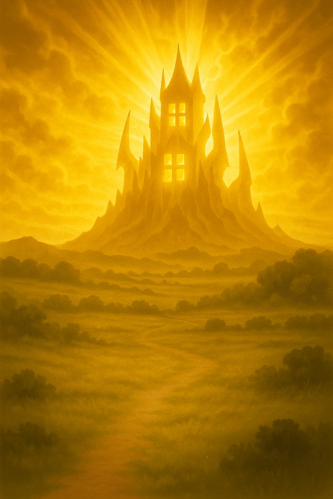 竜王城を神々しい黄金の光が包み込み、天空から光の筋が広がっている幻想的な風景