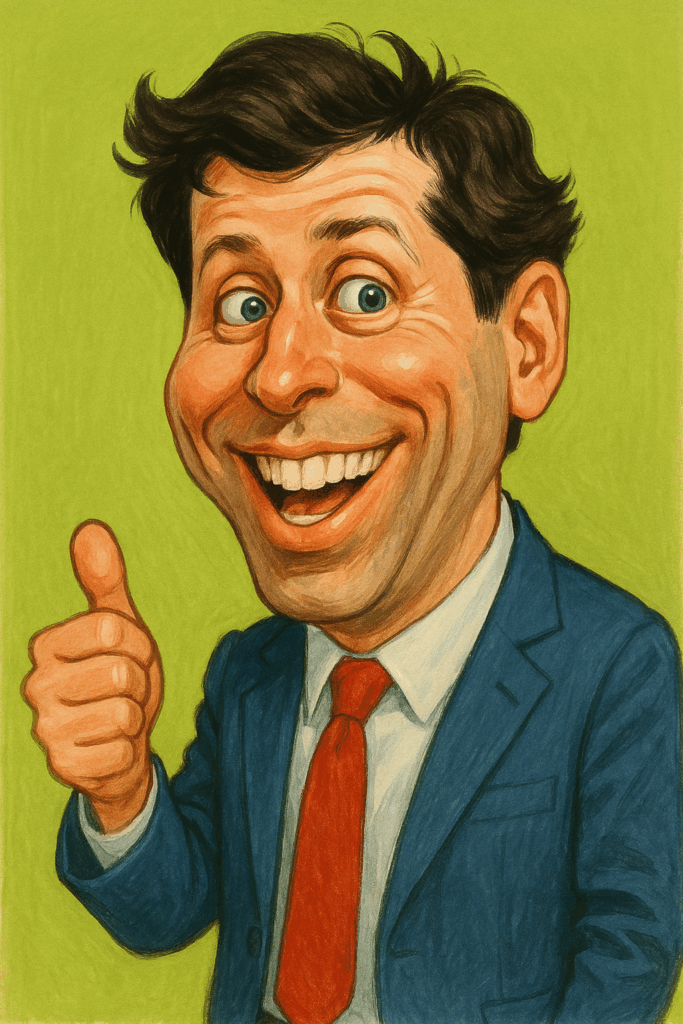 明るい背景の前で、笑顔で親指を立てる男性のコミカルなイラスト。