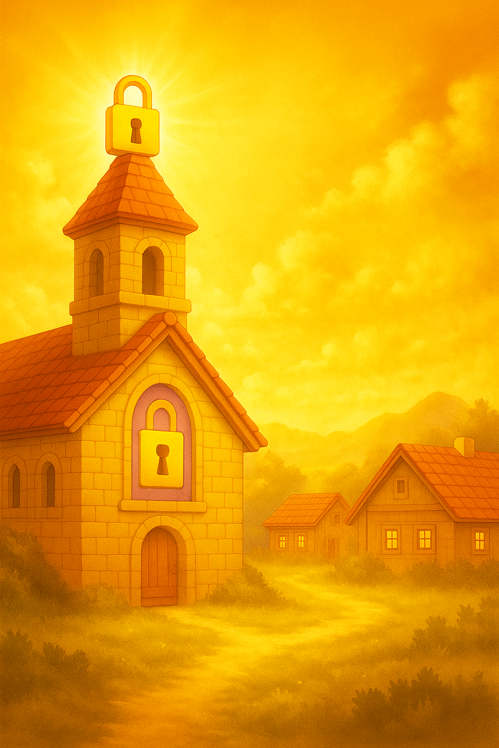 シンボルの南京錠がついた教会と村が黄金色の光に包まれた風景