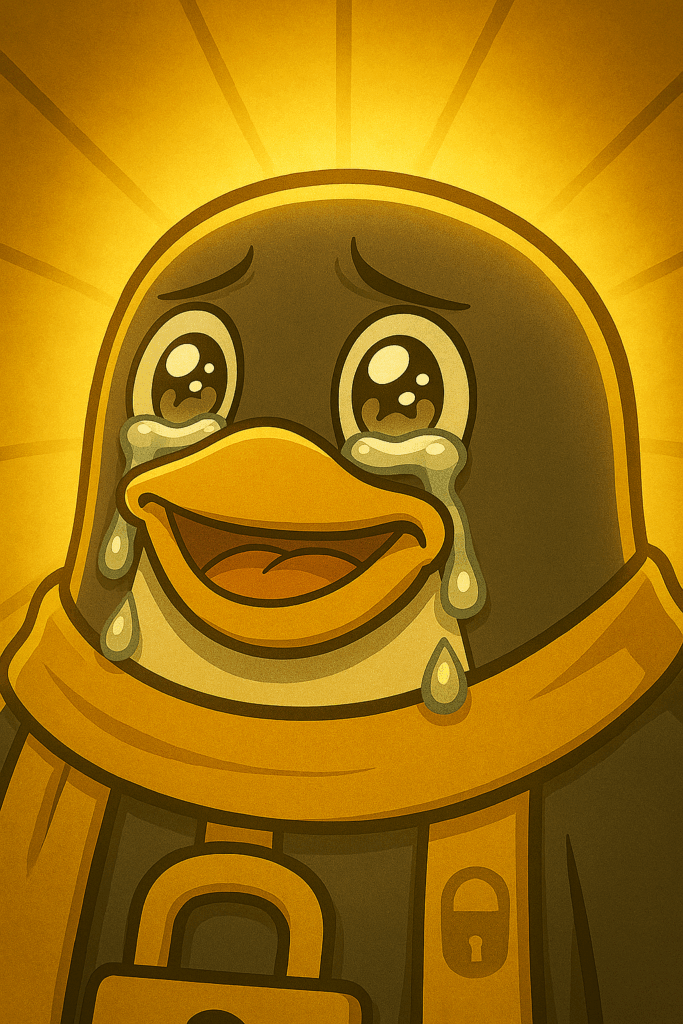 黄金の光に包まれて感動の涙を流すTux神父（ペンギンの神父）の顔のアップ。優しい笑みを浮かべ、頬を伝う涙が輝く光に照らされている。背景には神聖な雰囲気の黄金の光が広がっている。