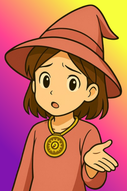 ピンクの魔女帽をかぶった若い女性が、不思議そうに小首をかしげながら片手を差し出して問いかけているアニメ風イラスト