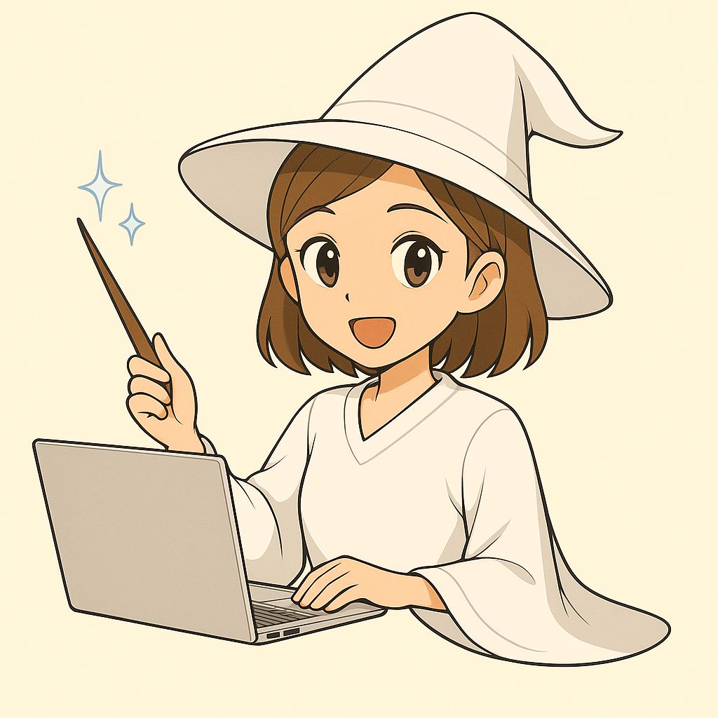 AI学園で教える白い魔女のイラスト。ノートパソコンを前に杖を掲げ、優しく微笑む姿