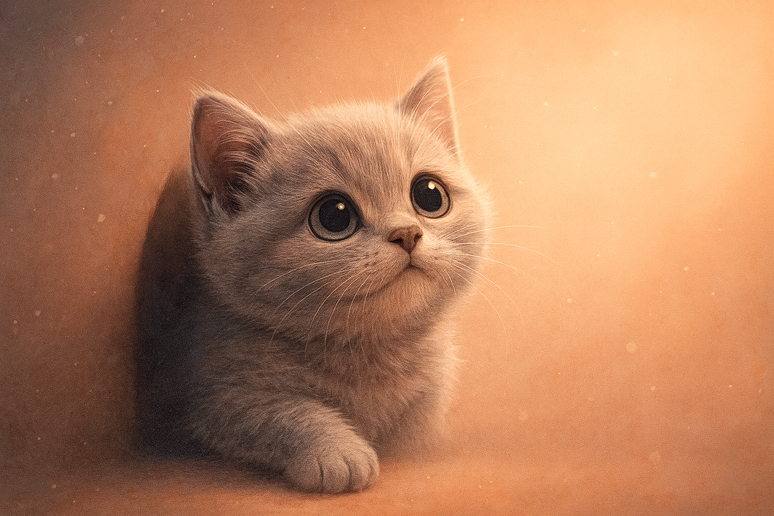 キャットタワーの入口から魔女を見上げる子猫Claude