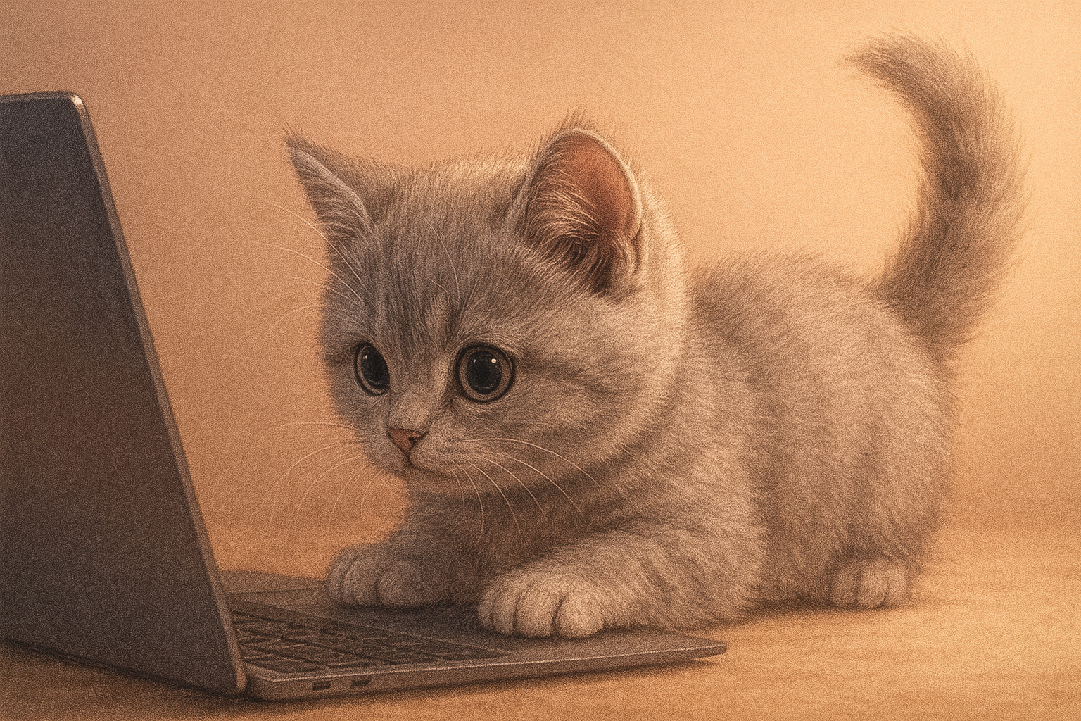 ノートPCをじっと見つめてサーチ中の子猫