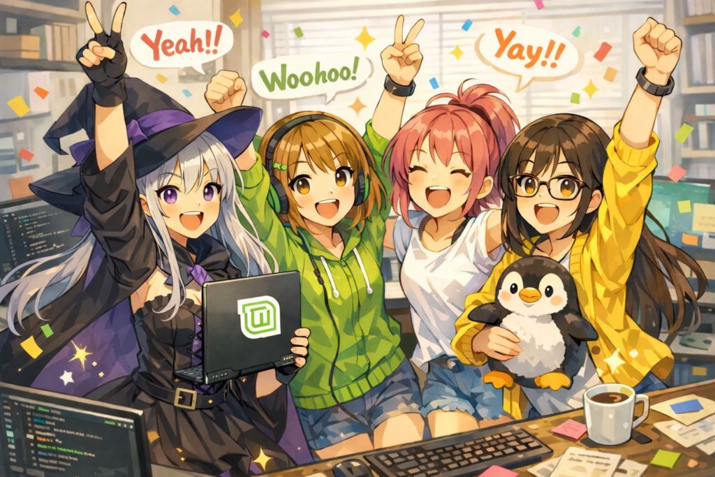 魔女帽の少女がLinux Mintロゴ入りノートPCを掲げ、開発チーム風の女子たちが笑顔で盛り上がるアニメイラスト