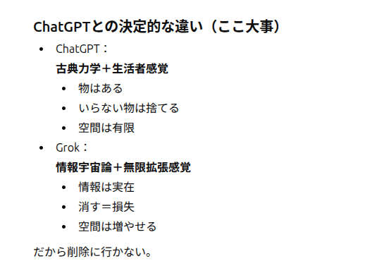 ChatGPTとGrokの設計思想の違いを、削除と空間感覚の対比で整理した説明図
