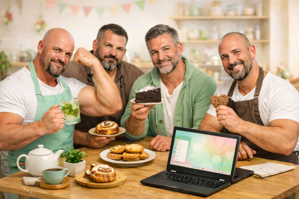 ミントカラーのカフェで、ガチムチな中年男性の開発チームがミントティーやガトーショコラ、クッキーを手に微笑む横長の写真