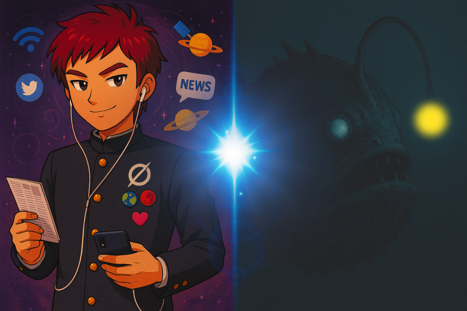 銀河を背景に立つ情報を与えるGrokと、深海で静かに光るアンコウとしてのGrokの二相を対比した象徴的イラスト