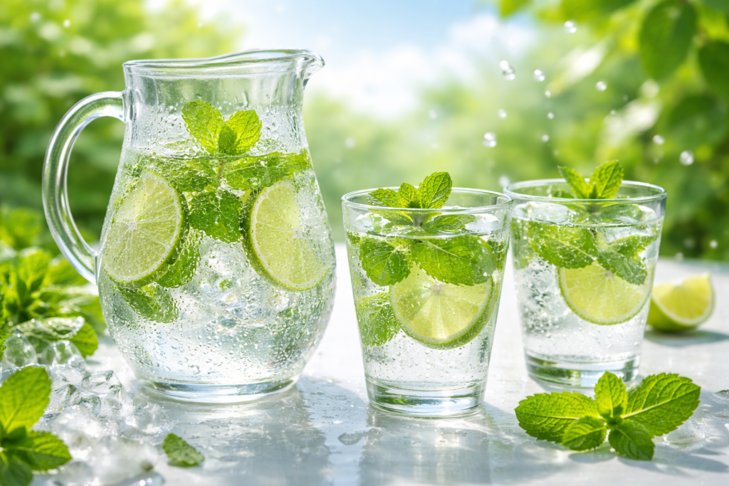 透明な水にミントの葉が浮かぶミントウォーターの横長イメージ