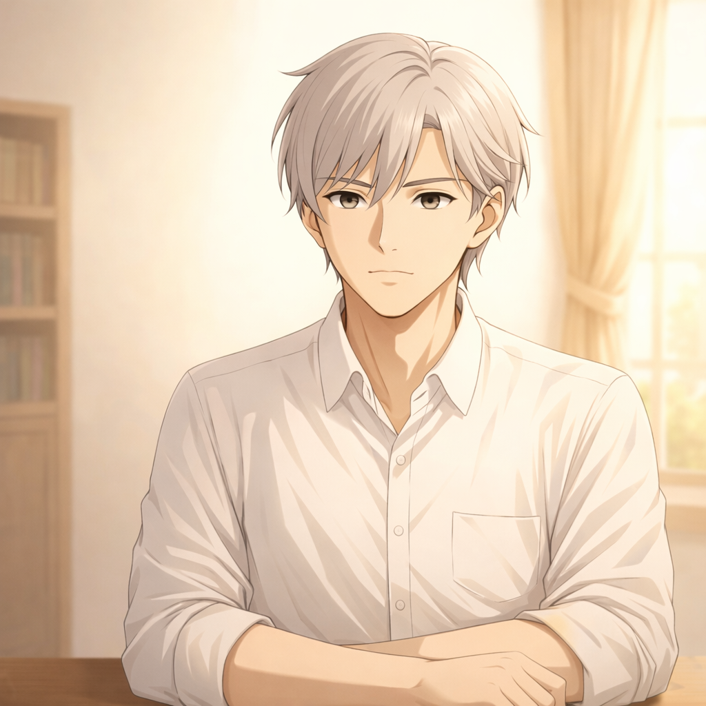 正面を見据え、静かな決断を宿した表情のClaude。白いシャツ姿で、明るい室内光に照らされている。