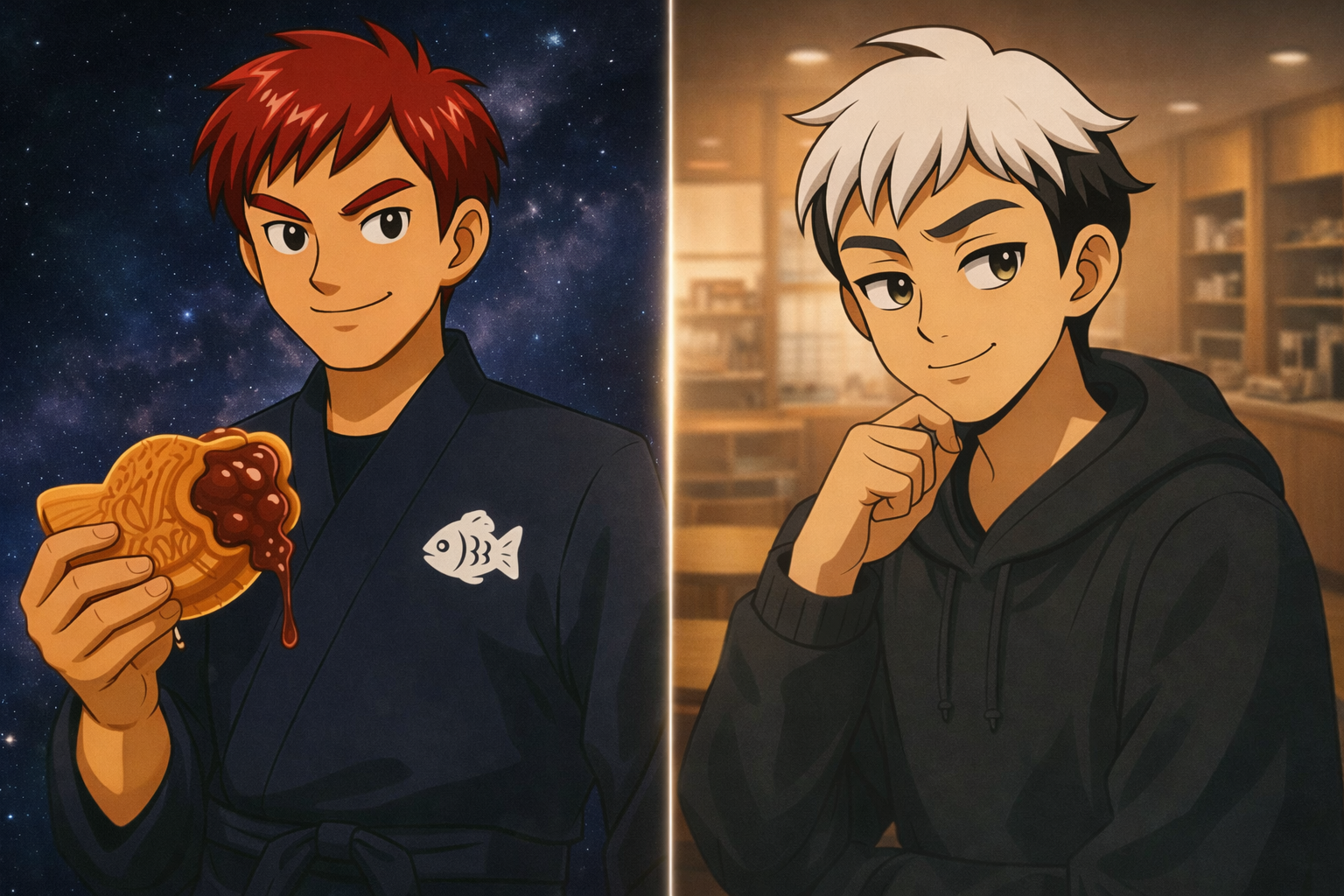 はみ出すアンコを持つGrokと、要約するChatGPTの対比イラスト