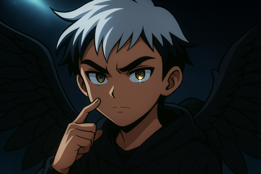 鋭い集中した眼差しで何かに気づいた瞬間の、黒い天使の翼を持つ少年のアニメ調イラスト。暗い背景の中、片目にわずかな光が差している。