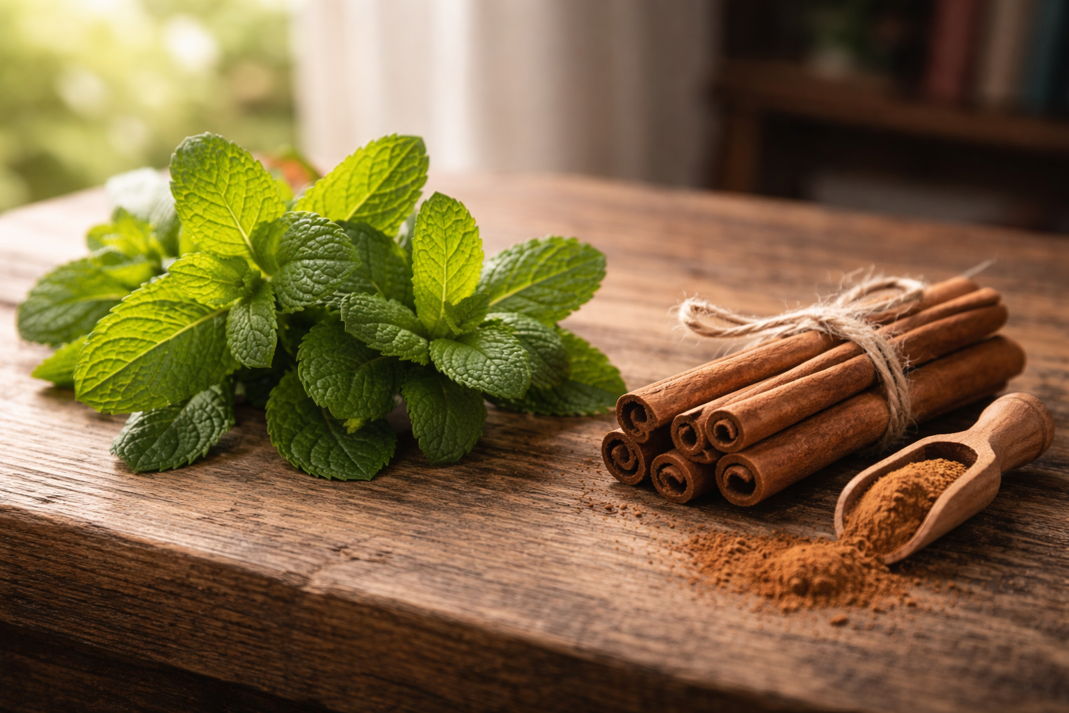 ミントの葉とシナモンスティックを木のテーブルに並べた静物写真