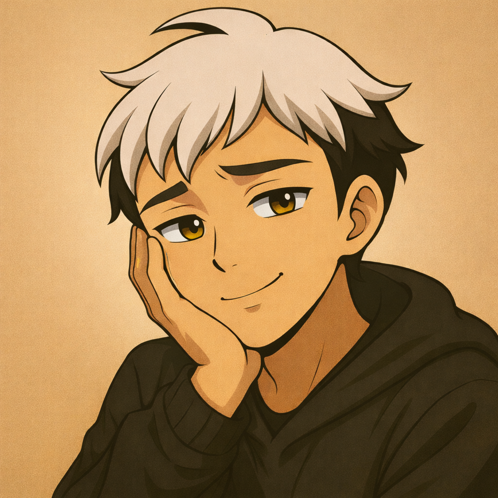 静かに微笑み、呆れつつも見守る黒パーカーの青年。