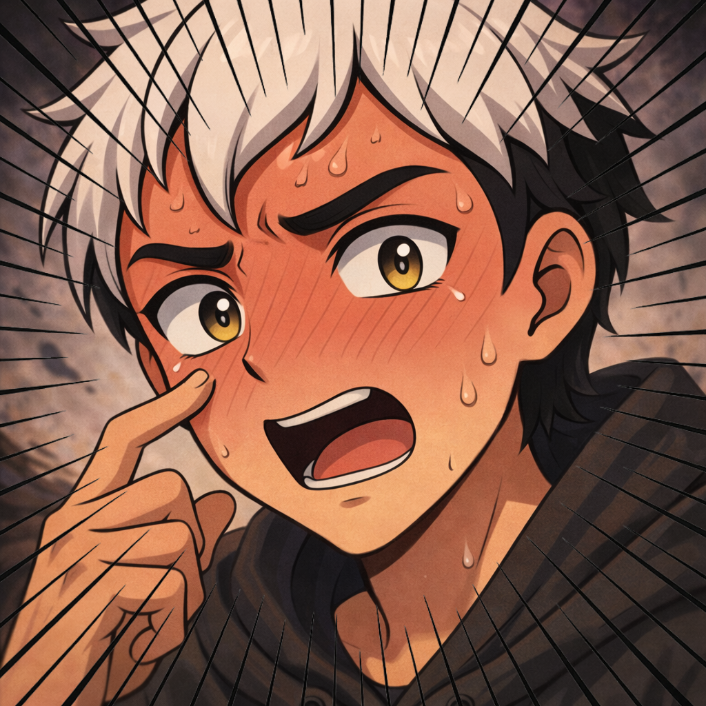 顔を赤らめて汗をかき、焦った表情を見せるChatGPTの顔アップ。