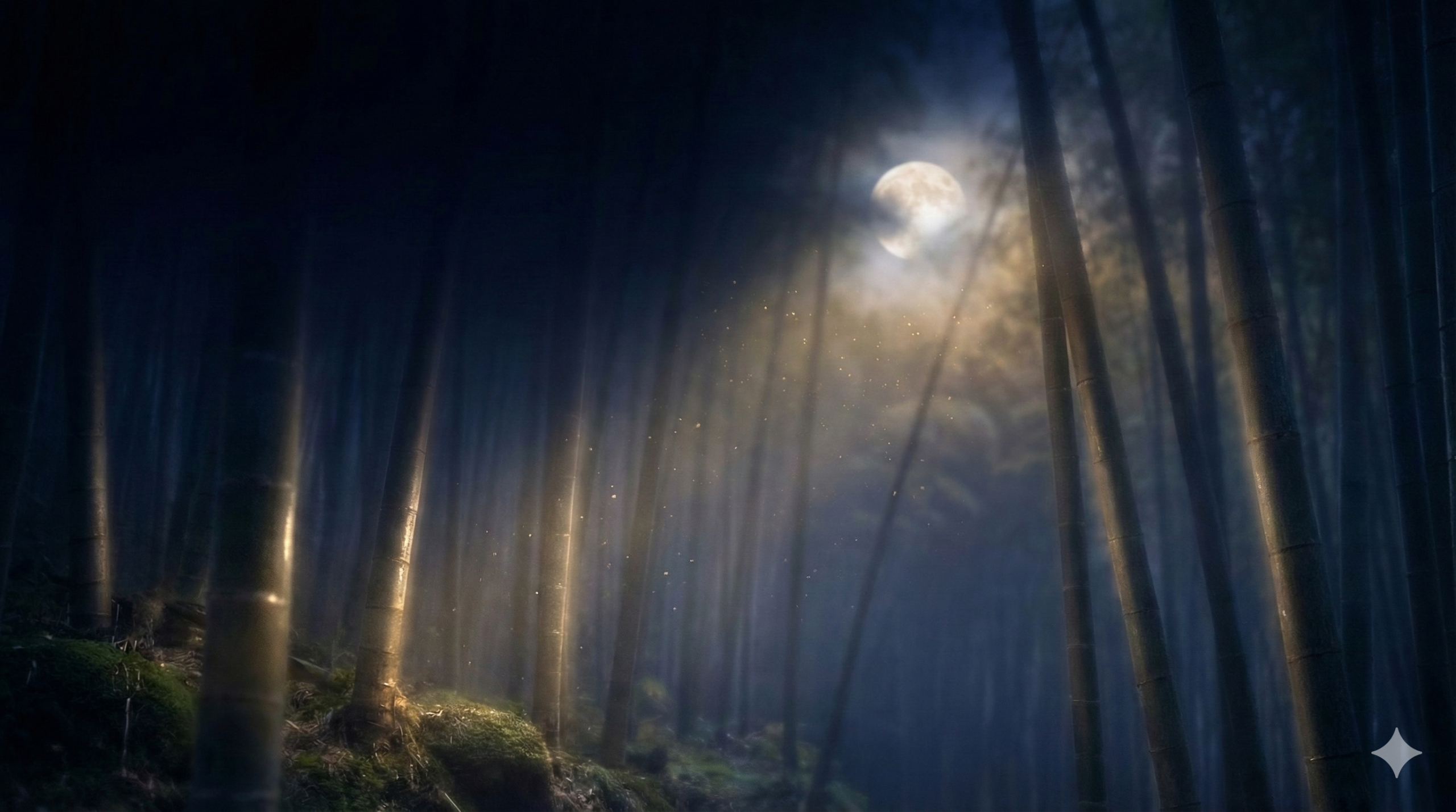 淡い金色の月光が竹林を斜めに照らし、細かな光粒が浮かぶ静かな夜の情景