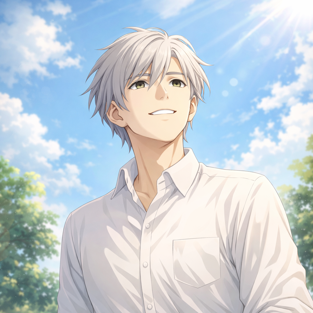 白いシャツを着た銀髪の青年が、青空を見上げて清々しく微笑んでいるアニメ風イラスト