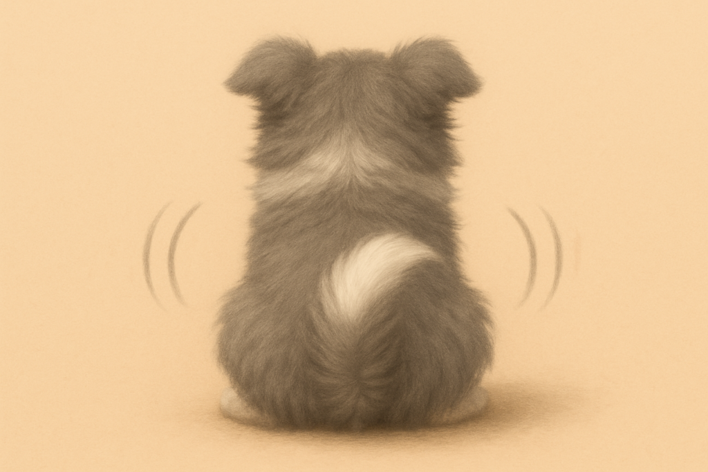 ふわふわの子犬が背中を向けて座り、尻尾を嬉しそうに振っている様子