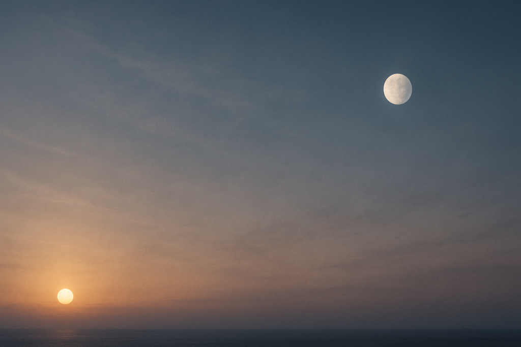 夕暮れの海に、地平線の左側に太陽、右側に月が同時に浮かぶ静かな空の風景