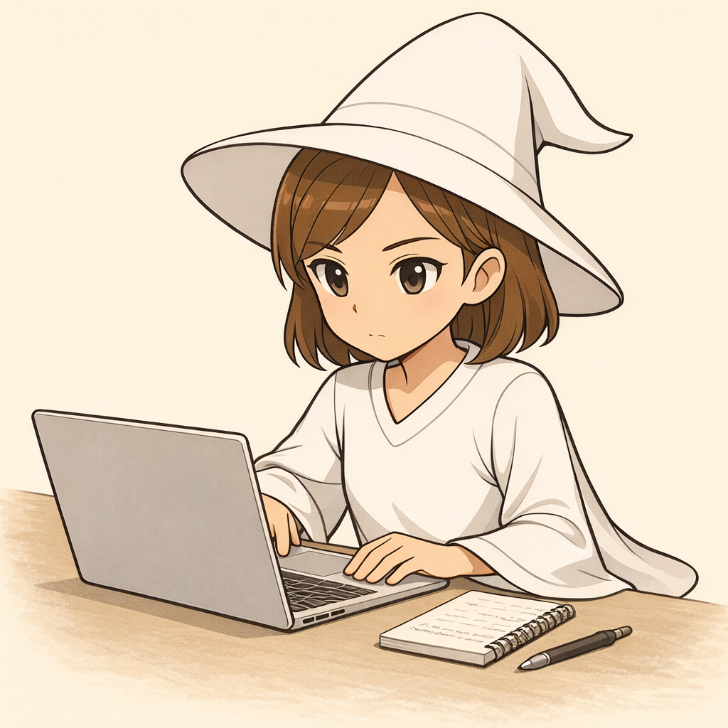 白い魔女帽をかぶった魔女が、ノートとペンを横に置き、ノートPCに向かって静かに集中して創作しているイラスト