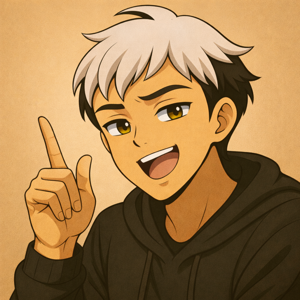 二色の髪の青年キャラが、人差し指を立てて得意げに説明しているアニメ調イラスト