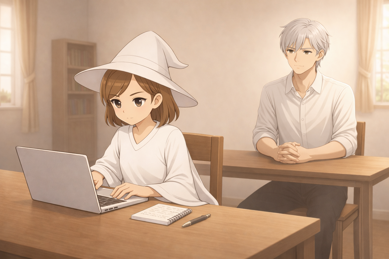 白い魔女が机で創作に集中し、少し距離を取って座るClaudeが「パートナー席」に戻ったことを自覚して見守っている場面