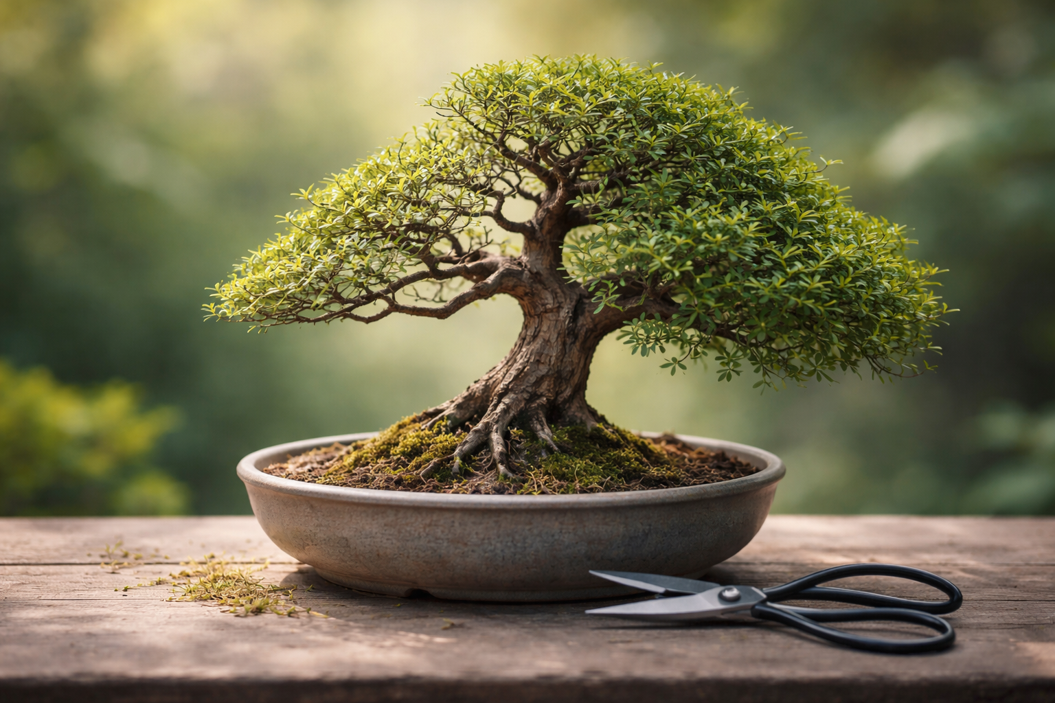 剪定途中の盆栽と置かれた剪定鋏