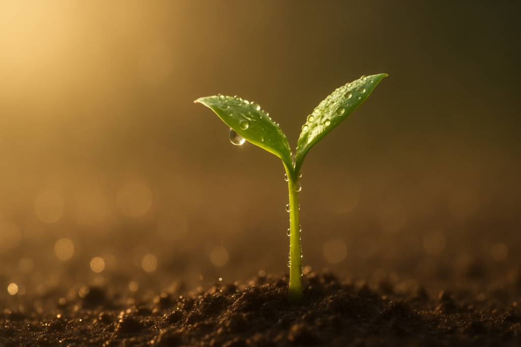 雨粒をまとった一輪の新芽が、朝の柔らかな黄金光に照らされている様子