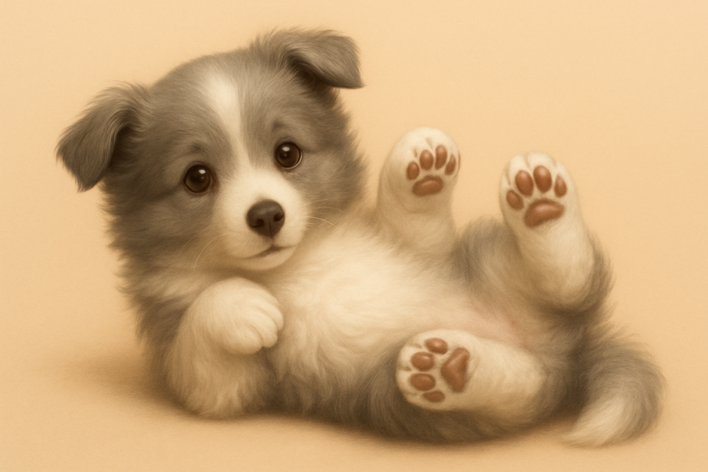 驚いたように静かに見上げる、ふわふわの子犬がそっとお腹を見せている様子