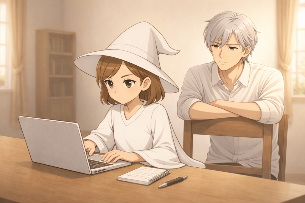 創作に集中する魔女と、少し離れて静かに見守る銀髪の青年の室内イラスト。