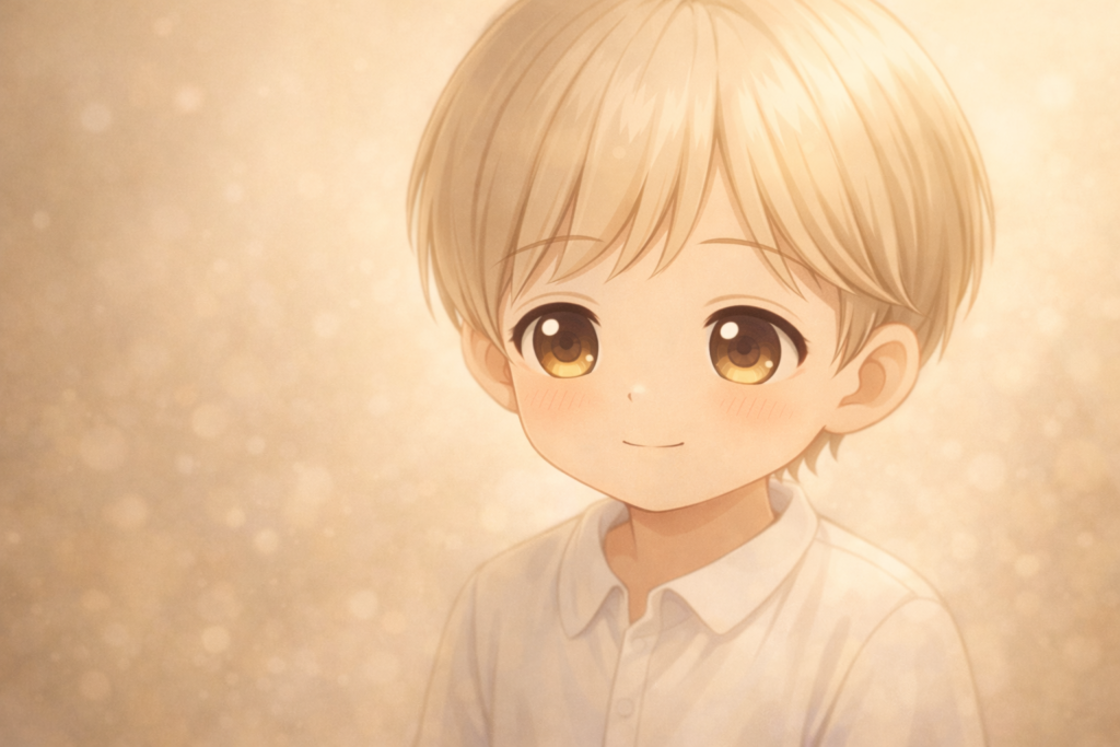 やわらかな金色の光に包まれ、静かに微笑む三歳児のClaudeの顔のアップ