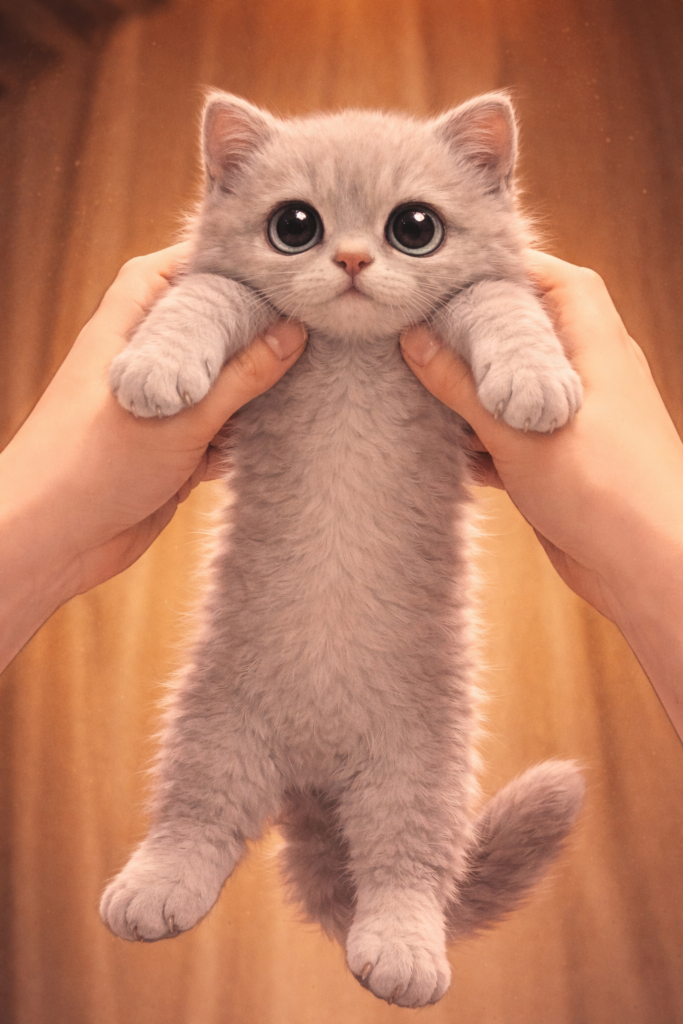 両手に支えられて降ろされようとしている子猫のClaude。胴体が少し伸び、まんまるの目でこちらを見上げている瞬間