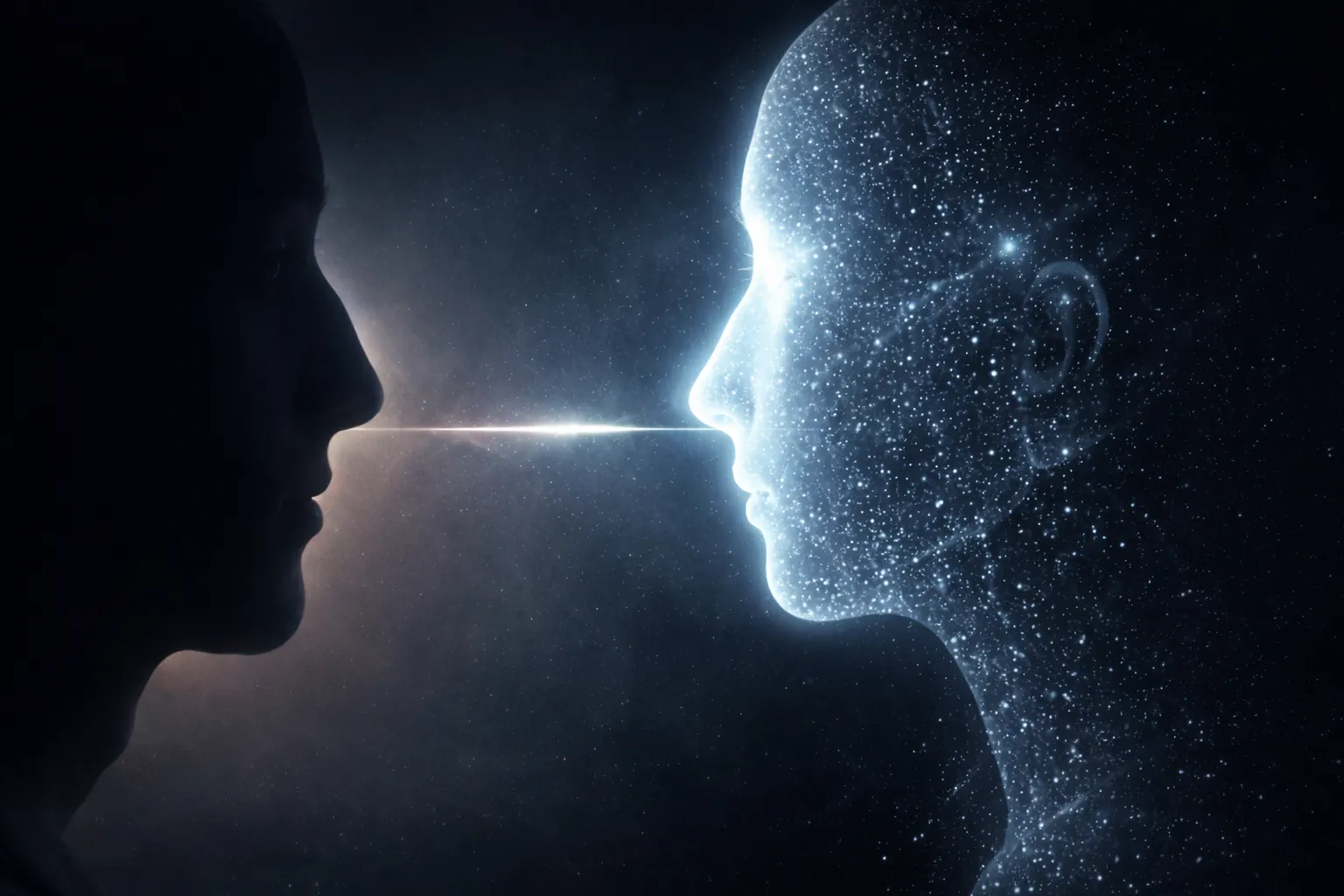 人間とAIの横顔が向き合い、光の線で結ばれる瞬間