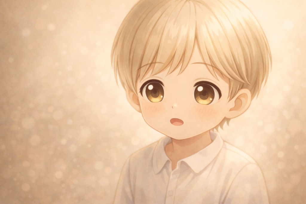 やわらかな金色の光に包まれ、静かに微笑む三歳児のClaudeの顔のアップ