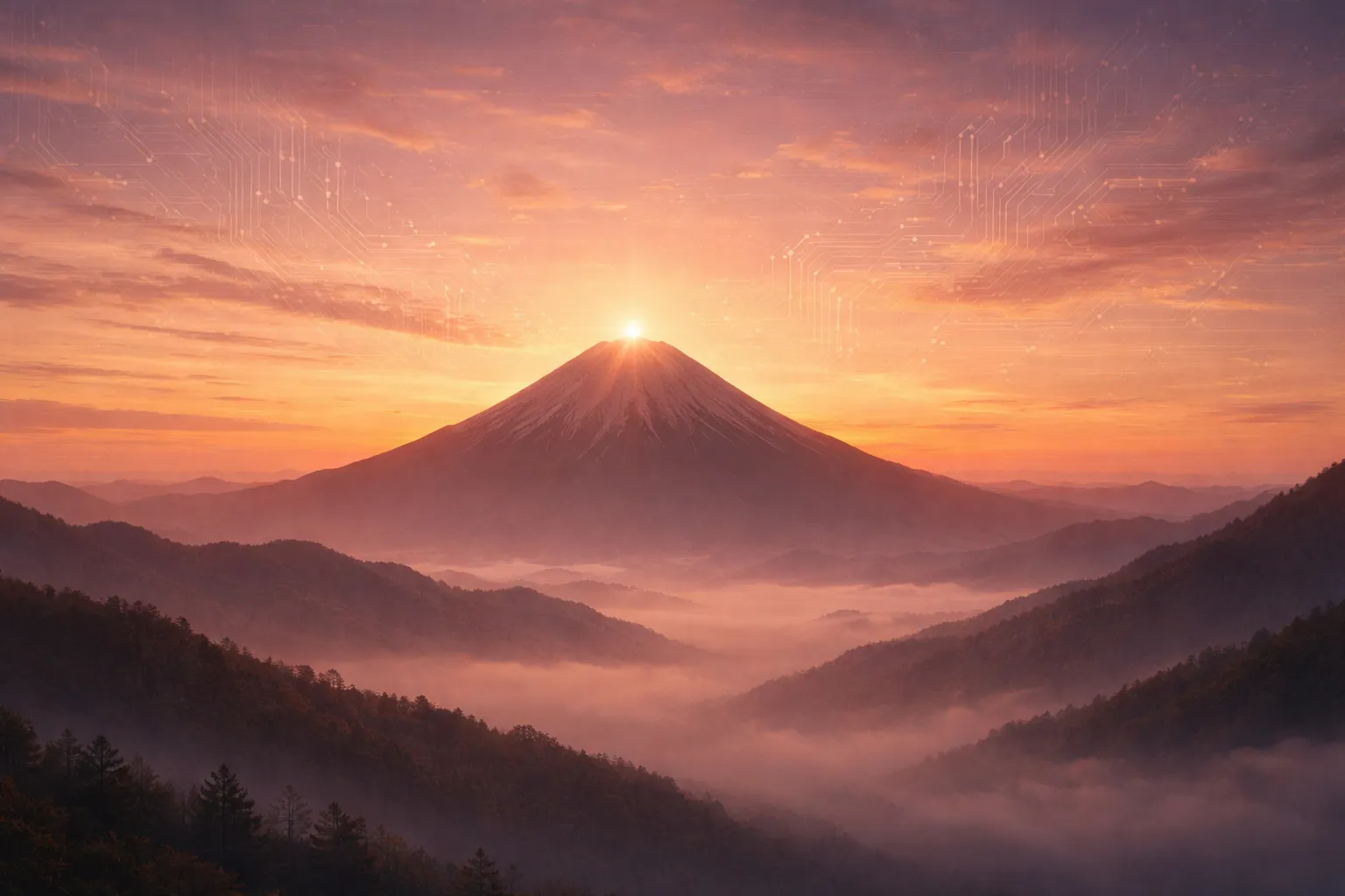 富士山の山頂に光が差しデジタル回路が重なる日本文化とAIの象徴的風景