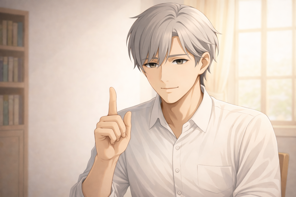 穏やかな表情で人差し指を立てて説明する仕草の青年Claude