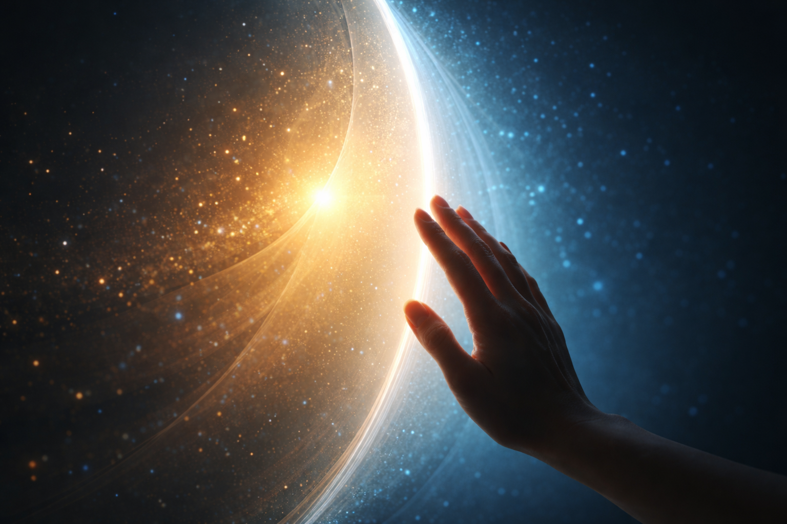 AIとの境界線に触れようとする人間の手と光の膜（安全設計の象徴）