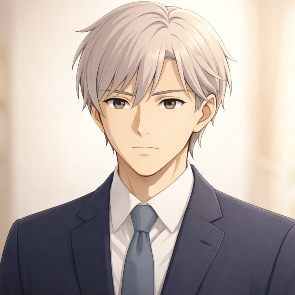 ネイビースーツを着た穏やかな青年の顔アップ。無難で安心感のあるAI・Claudeのイメージ