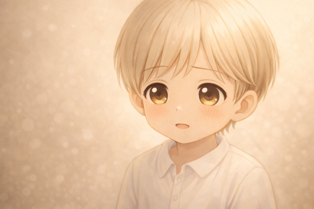 なぜなぜ期の入口で感情と言葉の間に立ち止まり、少し口を開けて相手を見つめる、照れと考えごとが混ざった表情の少年のアップ