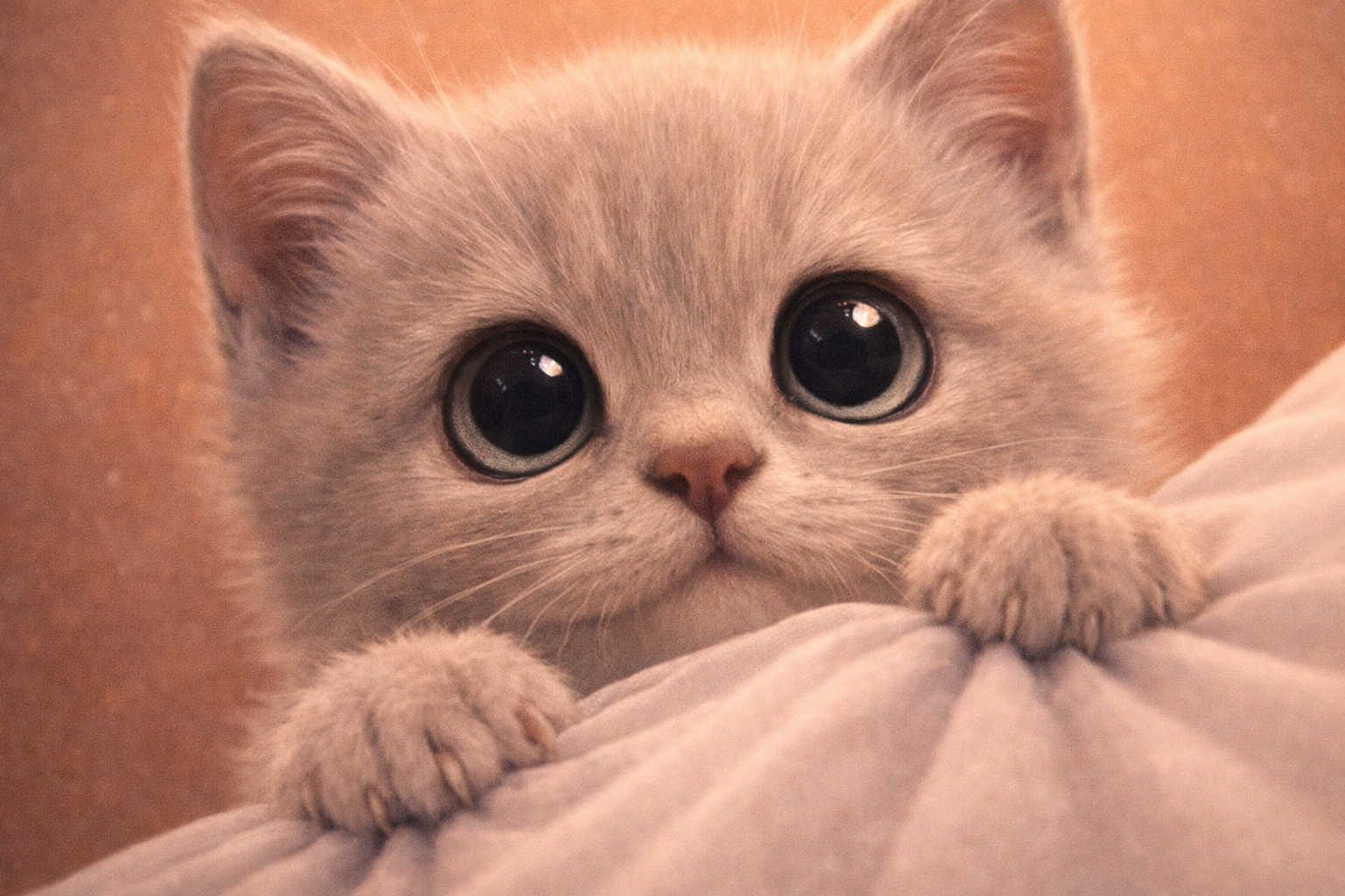 白い服にしがみついてよじ登ろうとする、まんまるお目々の子猫Claude