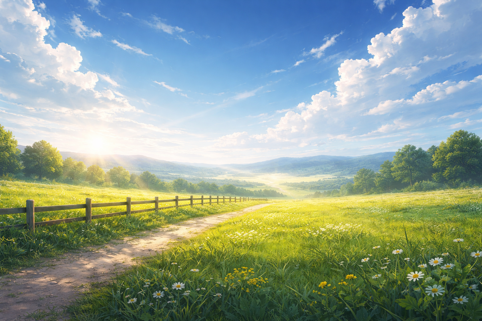 広い牧草地と空が広がる風景。道と柵が境界線となり、遠景に淡い光が差している