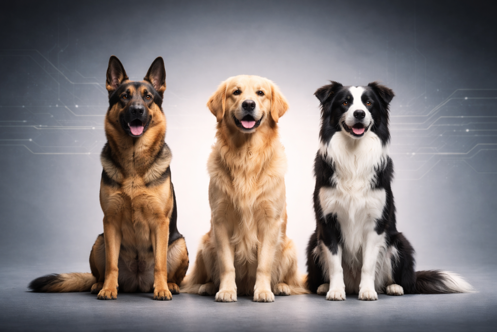 3種類の犬種が並んで座るイメージ。AI企業の初期設計による気質の違いを比喩的に示す。